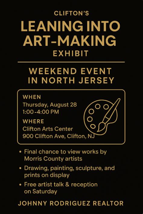 Infographic for Clifton&rsquo;s Leaning Into Art-Making exhibit in black and gold.