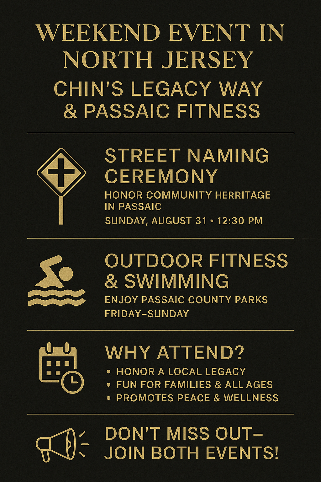 Infographic showcasing upcoming weekend events in North Jersey, including a street naming ceremony and outdoor swim sessions, with bold gold icons and clean black background.