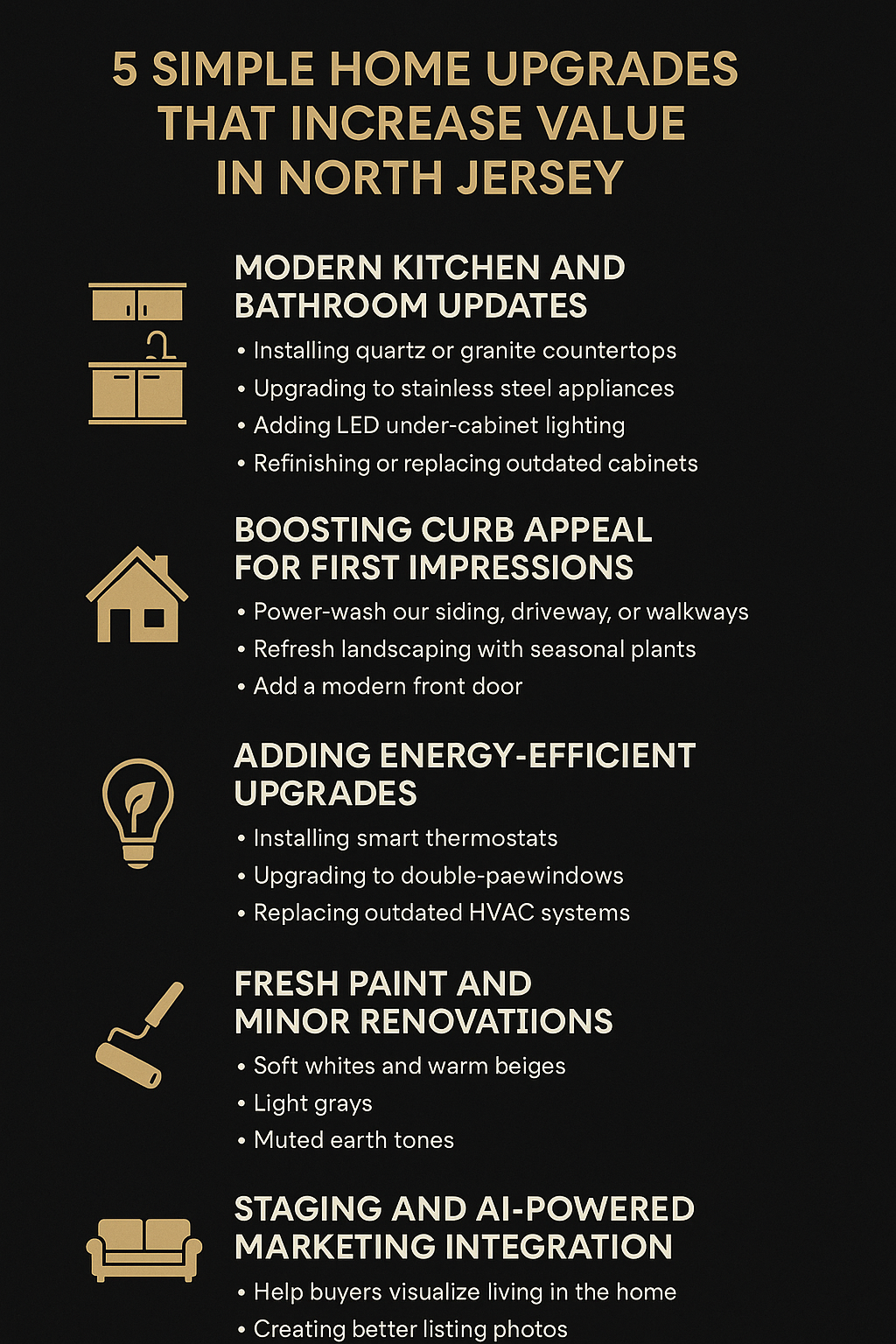 Black and gold infographic showing 5 simple home upgrades that increase value in North Jersey, including kitchen updates, curb appeal, energy efficiency, fresh paint, and staging.