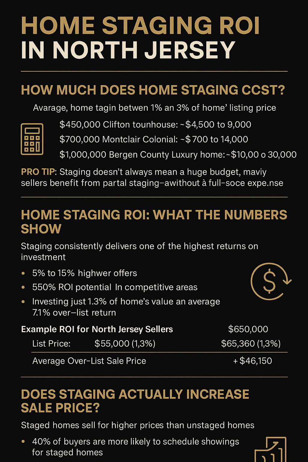 Black and gold infographic showing North Jersey home staging costs, ROI statistics, and benefits, highlighting how staging boosts sale prices and attracts more buyers.