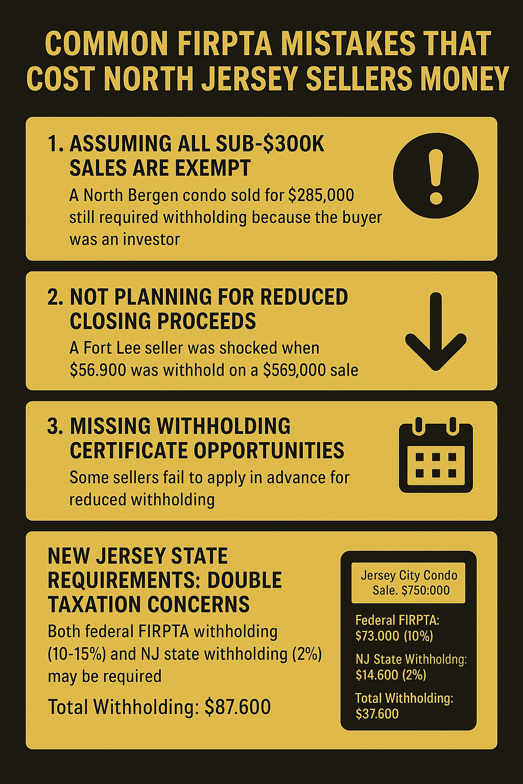 Black and gold infographic showing common FIRPTA mistakes for North Jersey property sellers, including exemptions, reduced proceeds, withholding certificates, and New Jersey state tax concerns.
