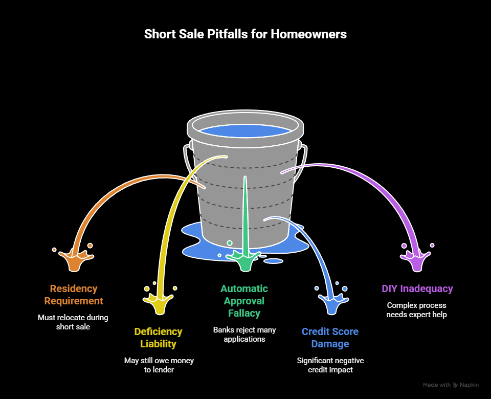 Infographic showing five short sale pitfalls for homeowners: residency requirement, deficiency liability, automatic approval fallacy, credit score damage, and DIY inadequacy.