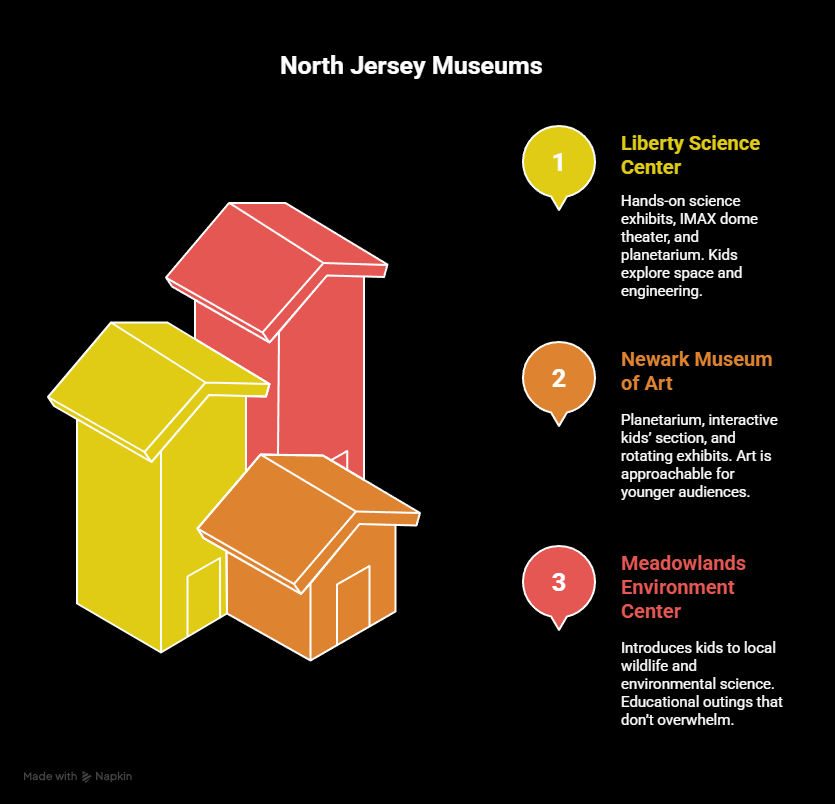 North Jersey museums for kids including Liberty Science Center, Newark Museum of Art, and Meadowlands Environment Center with family-friendly exhibits.