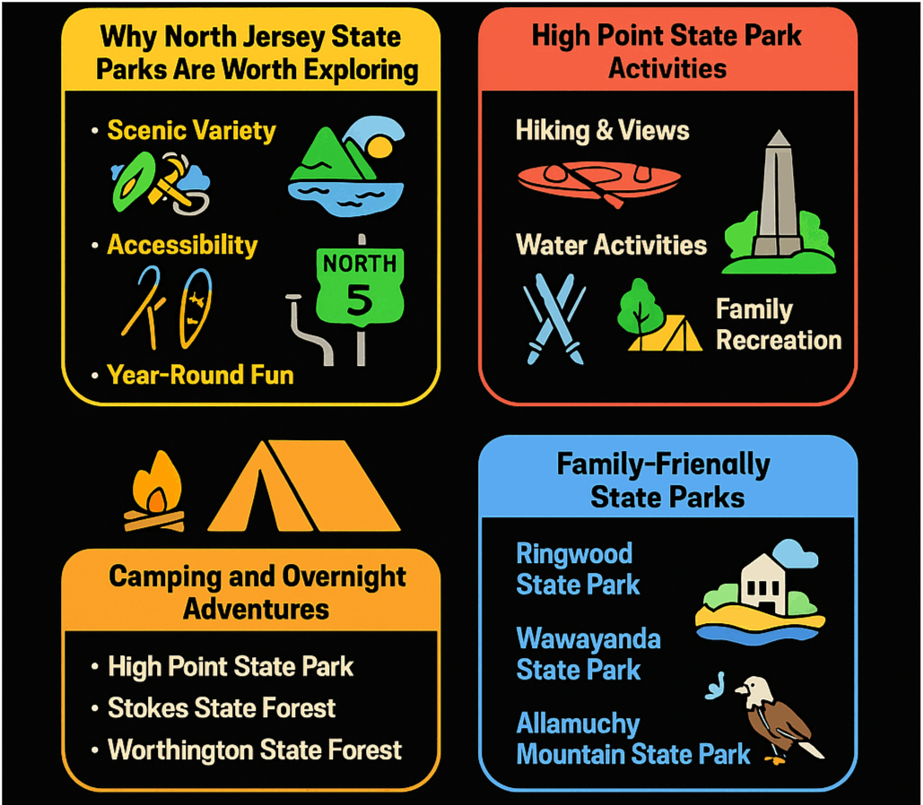 Cartoon infographic of North Jersey state parks highlighting High Point activities, camping, family-friendly parks, and outdoor recreation.