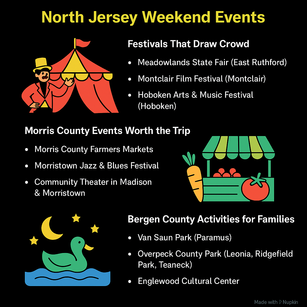 Cartoon infographic of North Jersey weekend events featuring festivals, Morris County farmers markets, and Bergen County family activities on a black background.