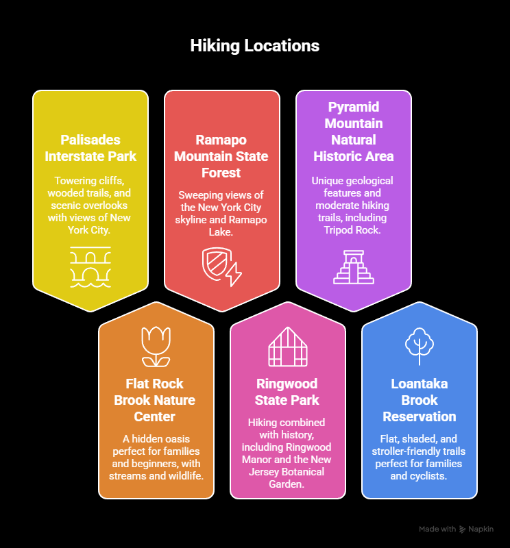 Visual guide to North Jersey hiking trails including Palisades Interstate Park, Ramapo Mountain State Forest, Pyramid Mountain, Flat Rock Brook, Ringwood State Park, and Loantaka Brook Reservation.