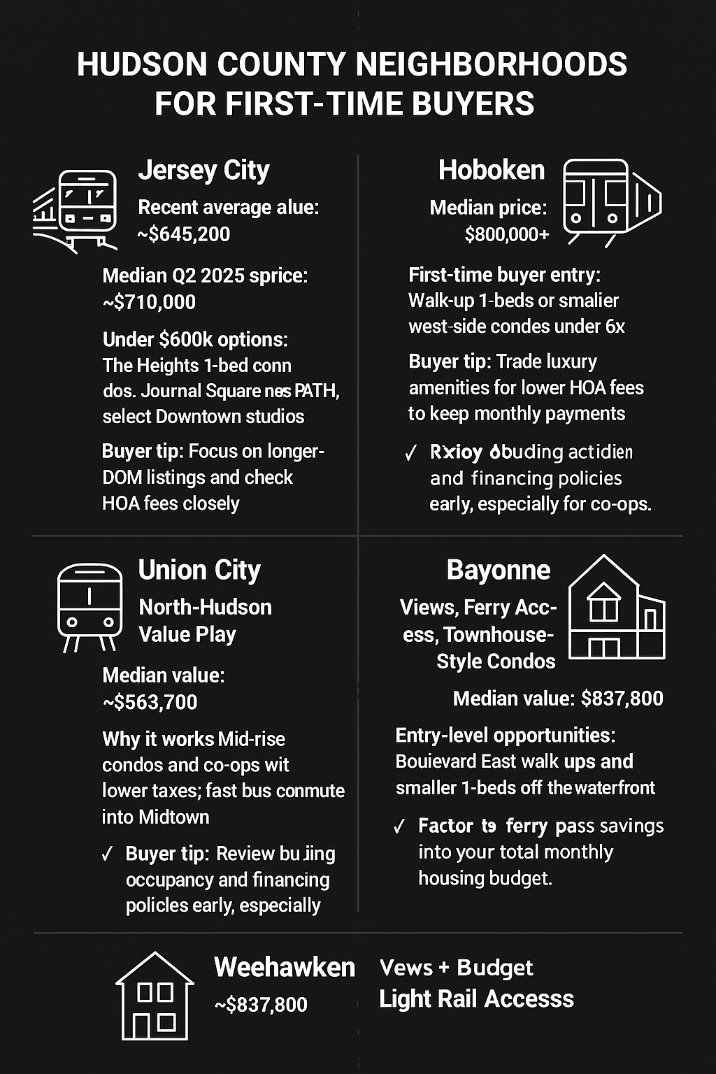 Black and gold cartoon infographic of Hudson County home prices 2025 for Jersey City, Hoboken, Union City, Bayonne, and Weehawken.