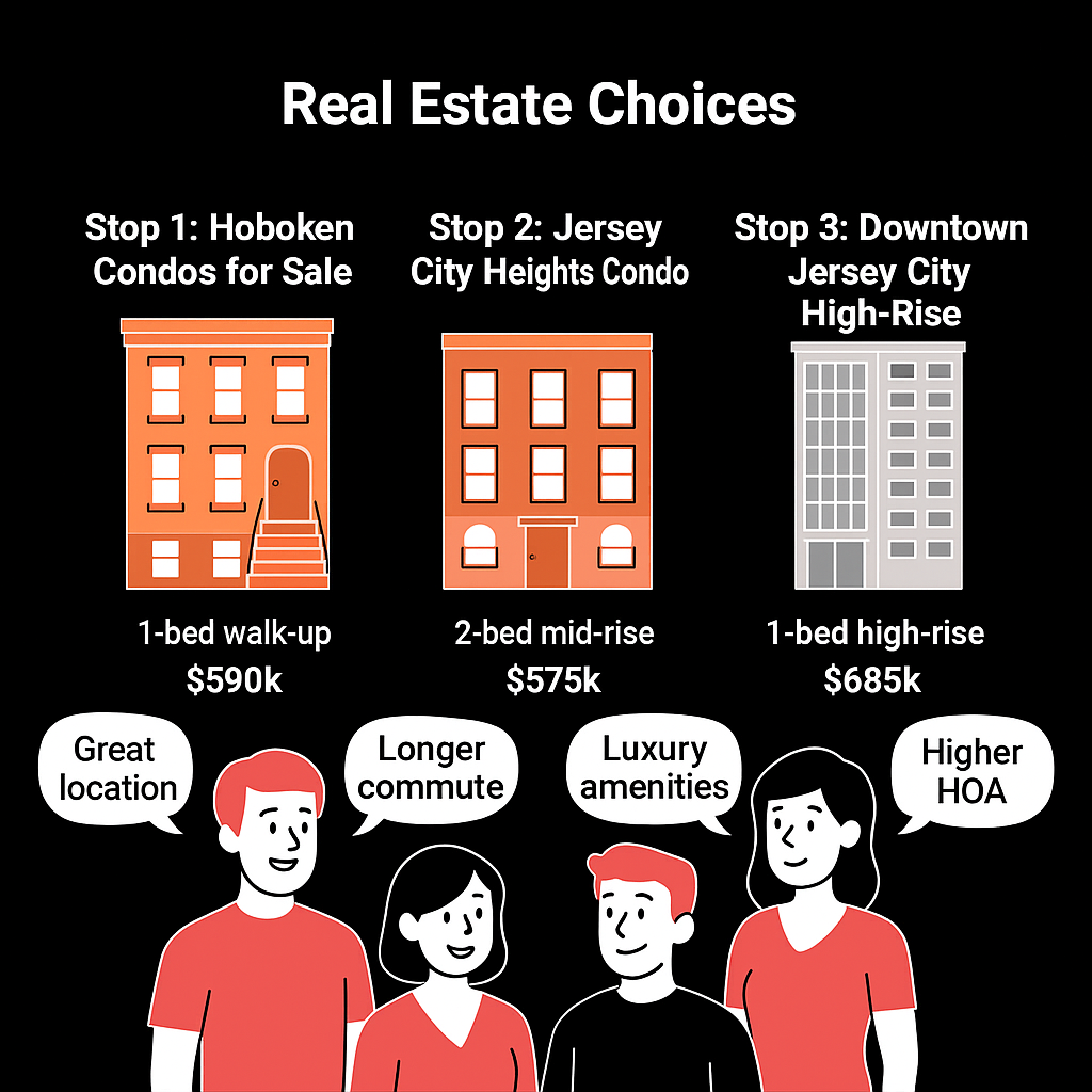 Cartoon infographic comparing Hoboken brownstone condo, Jersey City Heights two-bedroom, and Downtown Jersey City high-rise with prices, HOA fees, and lifestyle tradeoffs.