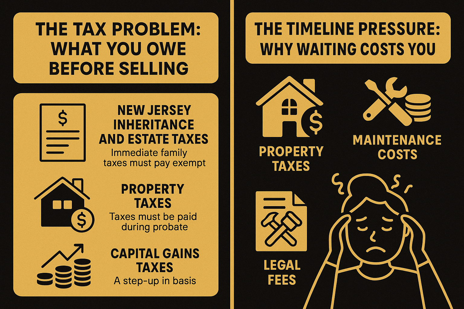 Black and gold infographic showing Hudson County NJ inherited property taxes and timeline costs, including inheritance tax, property tax, capital gains, maintenance, and legal fees.