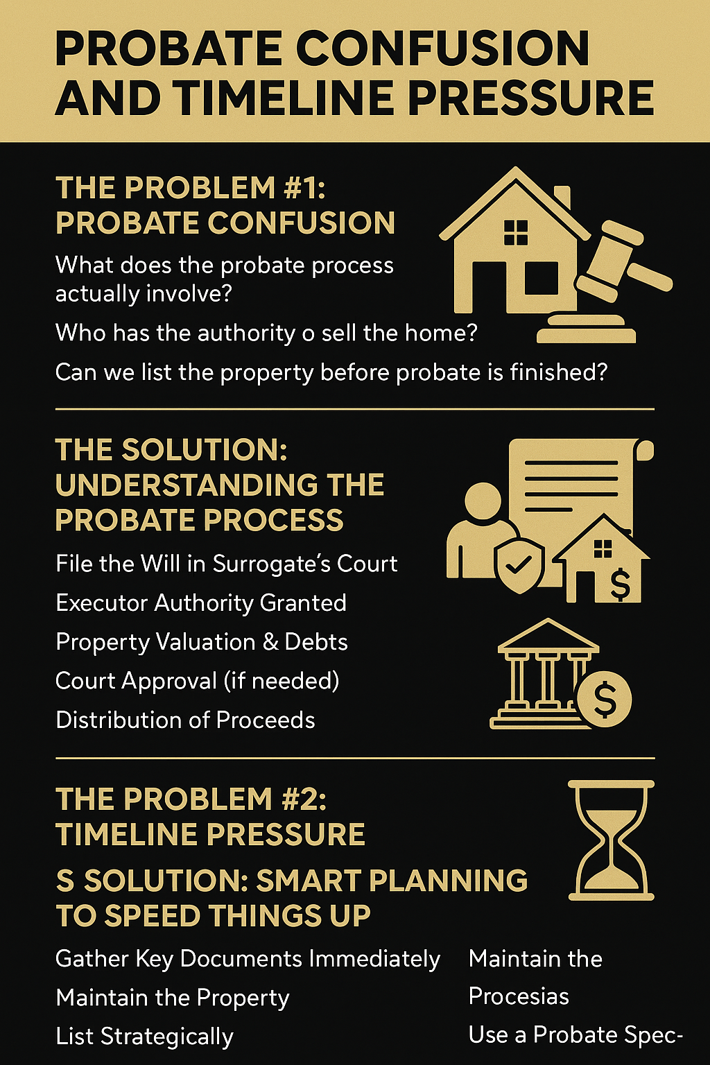 Black and gold infographic explaining probate confusion and timeline pressure when selling inherited property in Hudson County NJ