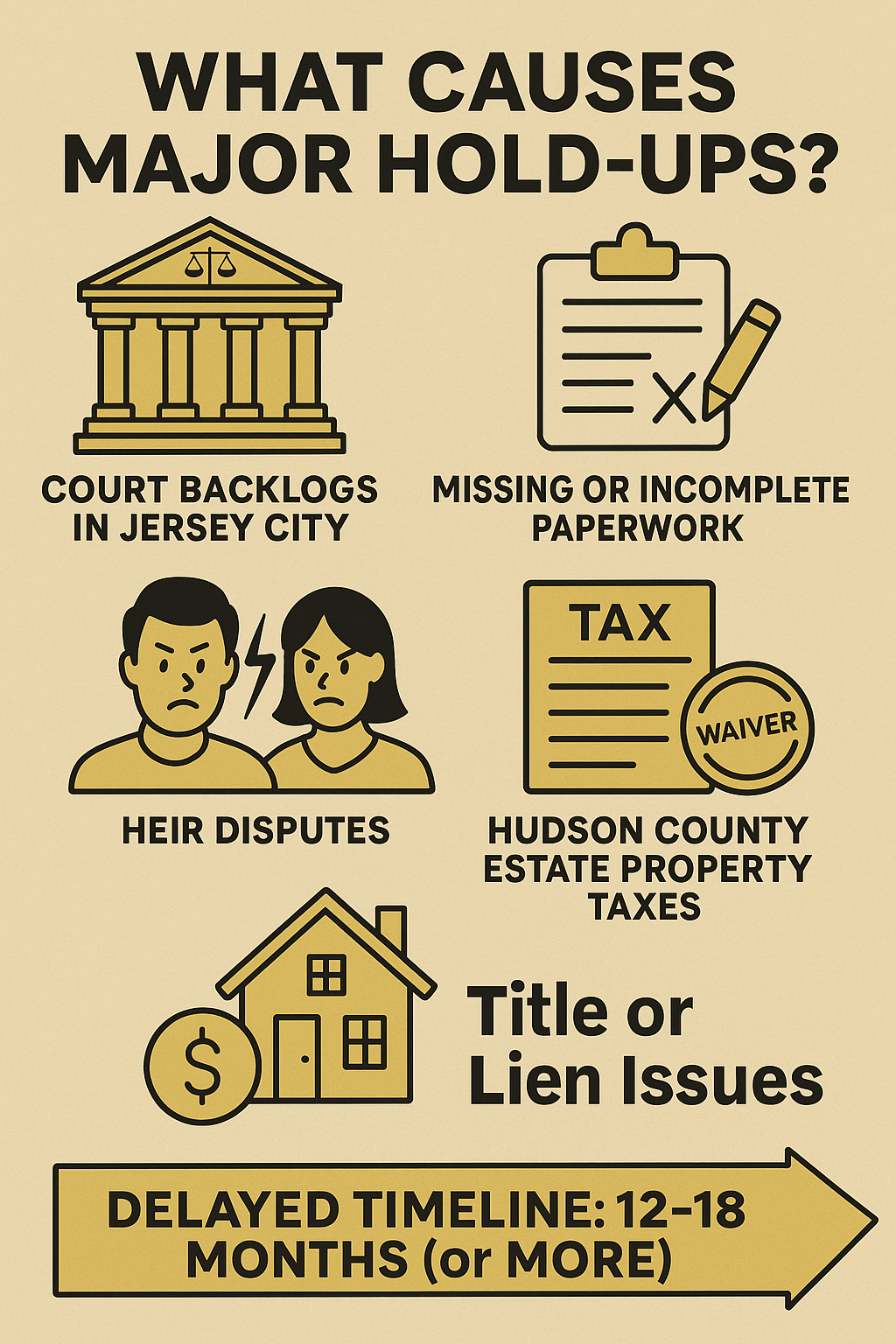 Black and gold infographic showing major probate delays in Hudson County NJ including court backlogs, missing paperwork, heir disputes, estate property taxes, and title or lien issues.
