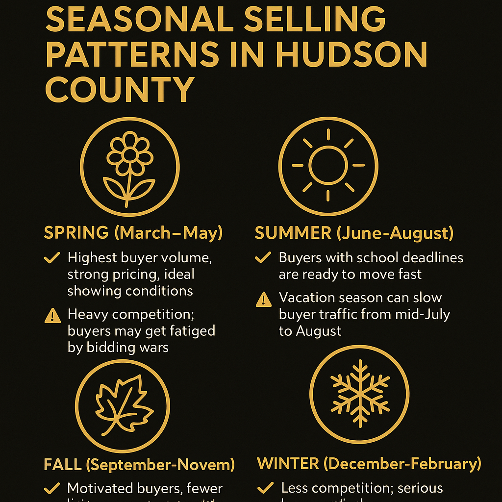 Seasonal Selling Patterns in Hudson County NJ Hudson County doesn’t follow the same seasonal rules as suburban markets, but patterns still matter. Here’s how each season performs locally: Spring (March–May) ✅ Pros: Highest buyer volume, strong pricing, ideal showing conditions ⚠️ Cons: Heavy competition; buyers may get fatigued by bidding wars Summer (June–August) ✅ Pros: Buyers with school deadlines are ready to move fast ⚠️ Cons: Vacation season can slow buyer traffic from mid-July to August Fall (September–November) ✅ Pros: Motivated buyers, fewer listings to compete with ⚠️ Cons: Slight price drops begin after October; showings slow as holidays approach Winter (December–February) ✅ Pros: Less competition; serious buyers still shop ⚠️ Cons: Shorter days, inclement weather, and lower curb appeal impact showings
