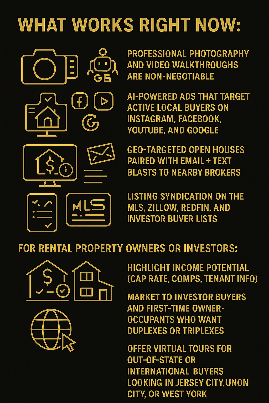 Black and gold infographic showing real estate marketing strategies that work in 2025, including AI ads, professional photos, MLS syndication, and investor tips.