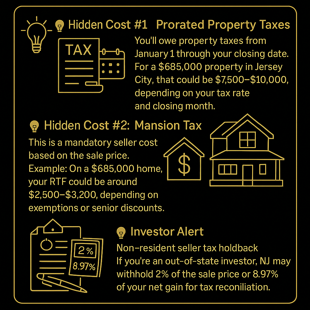 Black and gold infographic explaining hidden home selling costs in Hudson County, including prorated property taxes, mansion tax, transfer fees, and investor tax holdbacks.