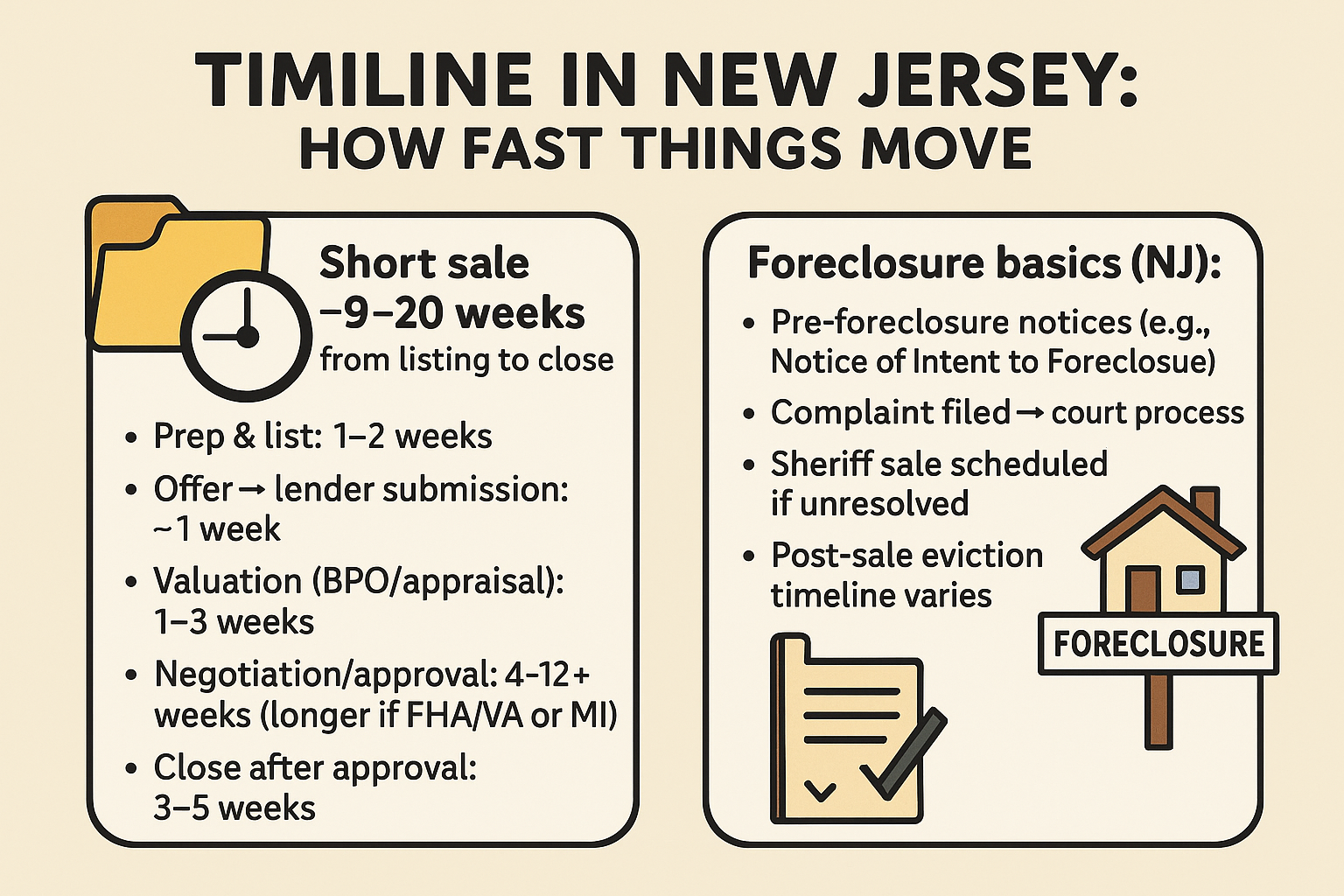 New Jersey short sale timeline infographic, steps and weeks, plus foreclosure basics.