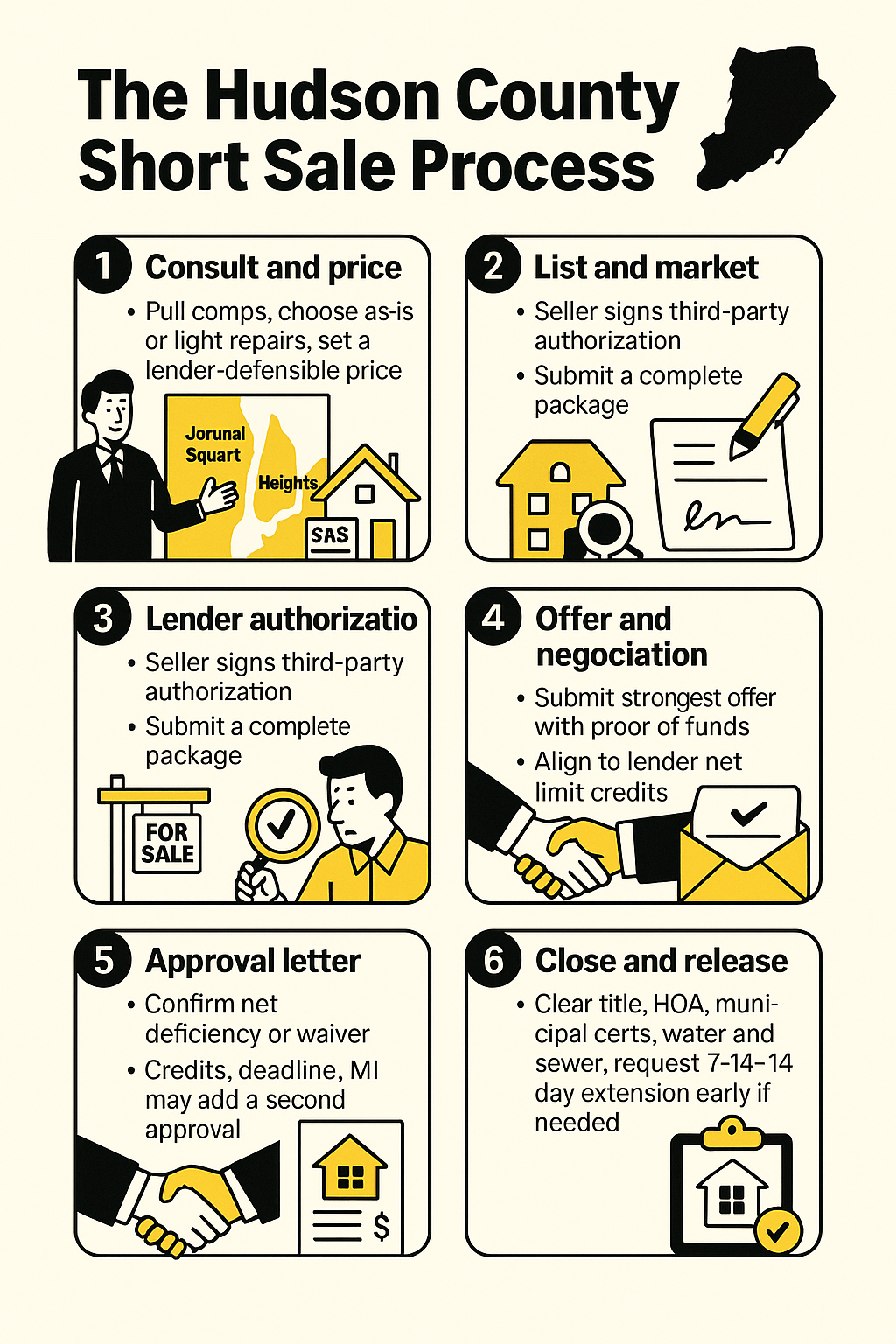 Hudson County short sale process infographic, seven steps from pricing to closing.