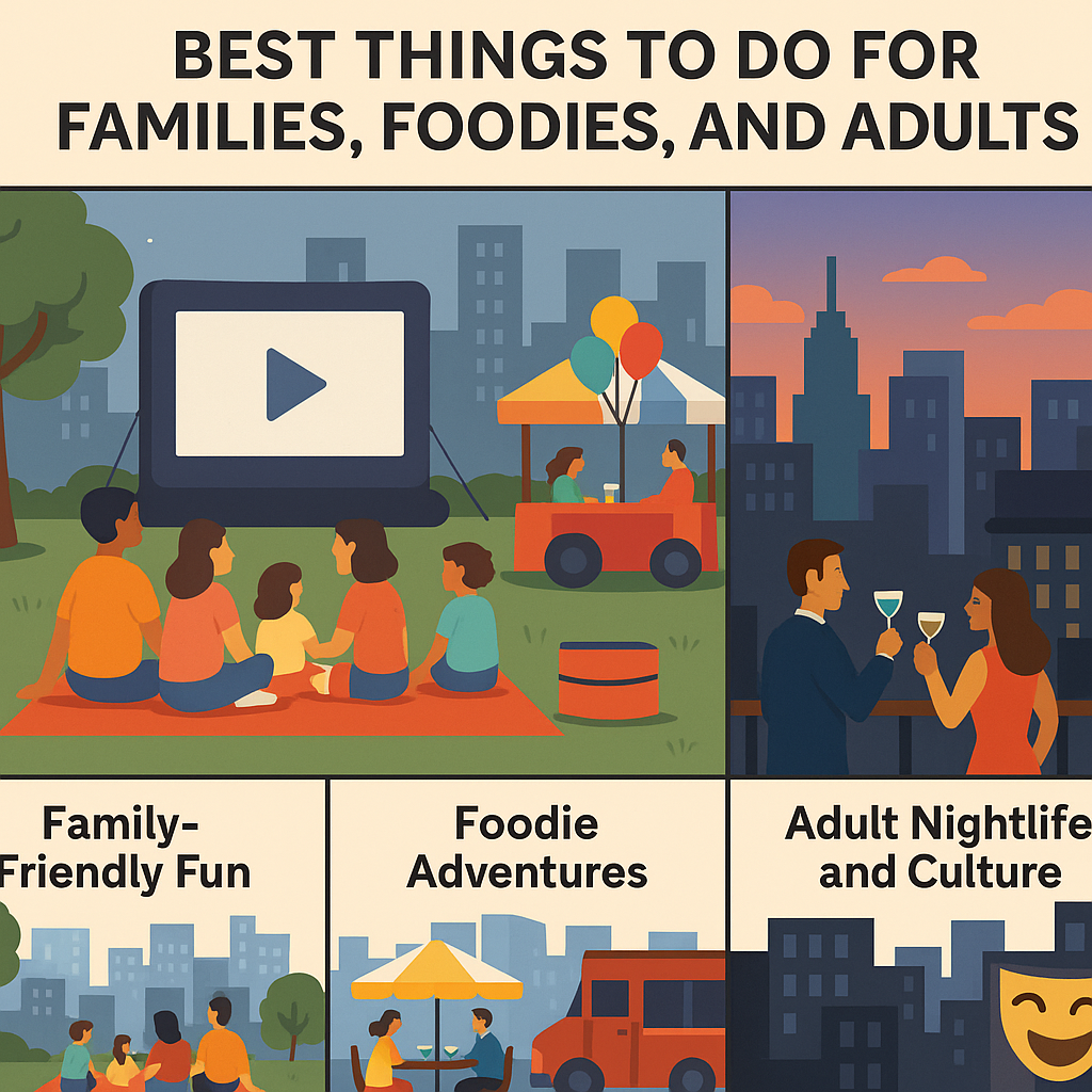 Cartoon infographic of Hudson County weekend activities featuring family fun at Pier A Park and Newport Green, foodie adventures in Hoboken and Jersey City, and adult nightlife with rooftop bars, live music, and comedy clubs.