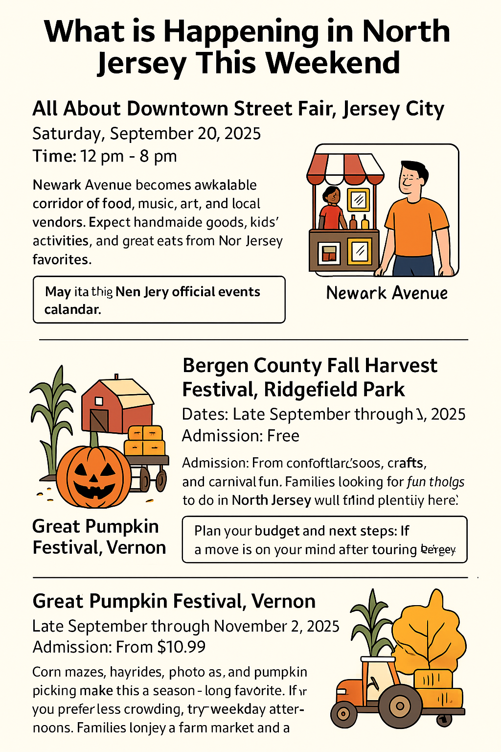 Cartoon infographic highlighting September 2025 North Jersey events: All About Downtown Street Fair in Jersey City, Bergen County Fall Harvest Festival in Ridgefield Park, and Great Pumpkin Festival in Vernon with dates, times, and admission details.