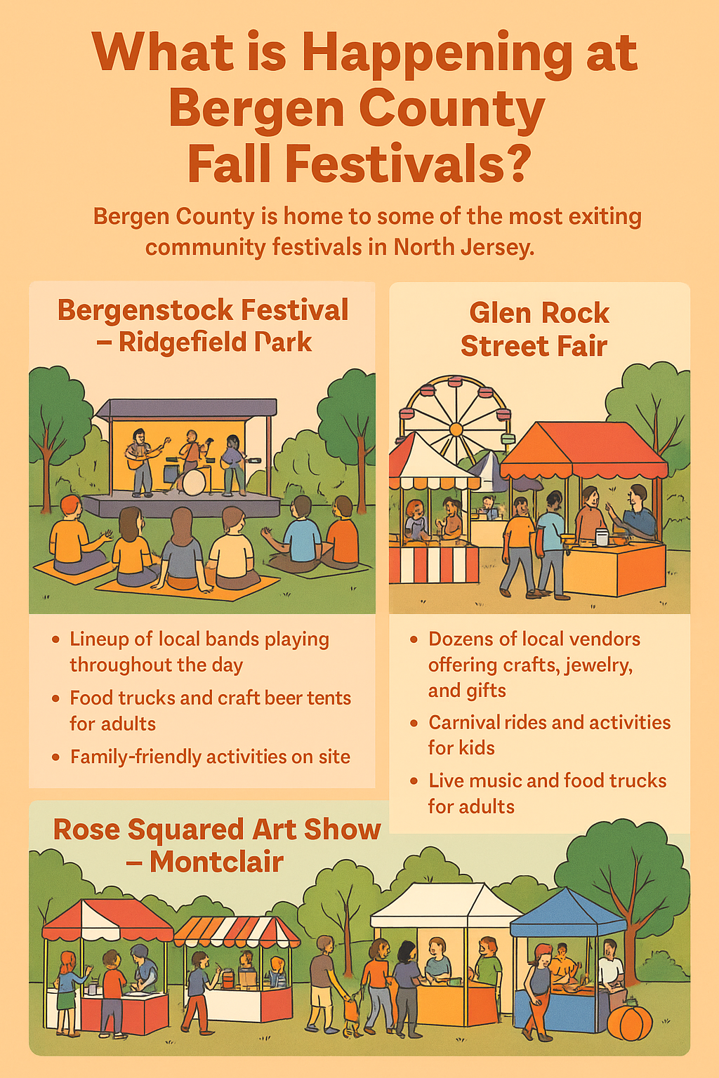 Cartoon infographic of Bergen County fall festivals highlighting Bergenstock Festival in Ridgefield Park, Glen Rock Street Fair, and Rose Squared Art Show in Montclair with music, food, art, and family activities.
