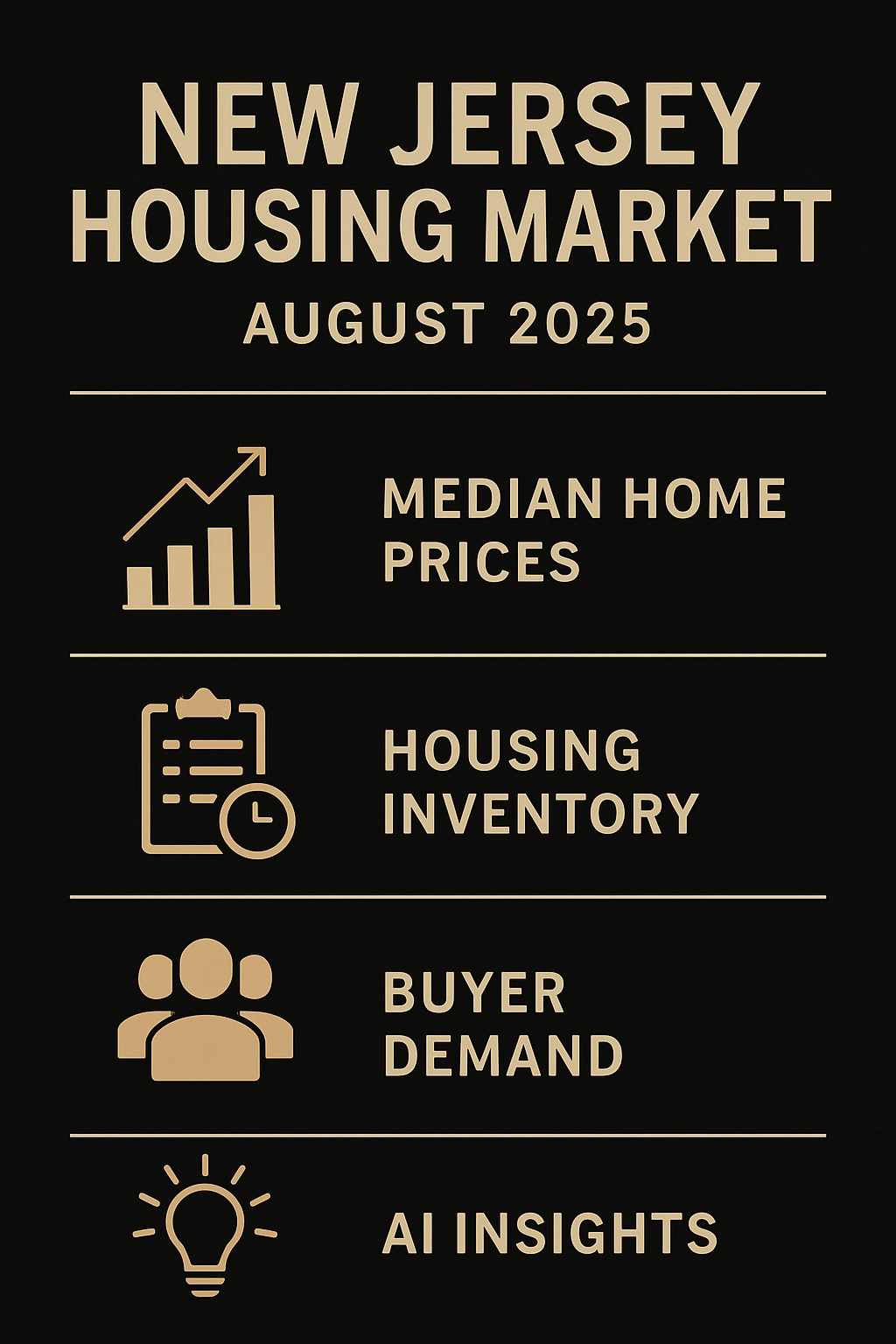 Black and gold infographic titled "New Jersey Housing Market August 2025" highlighting median home prices, housing inventory, buyer demand, and AI insights.