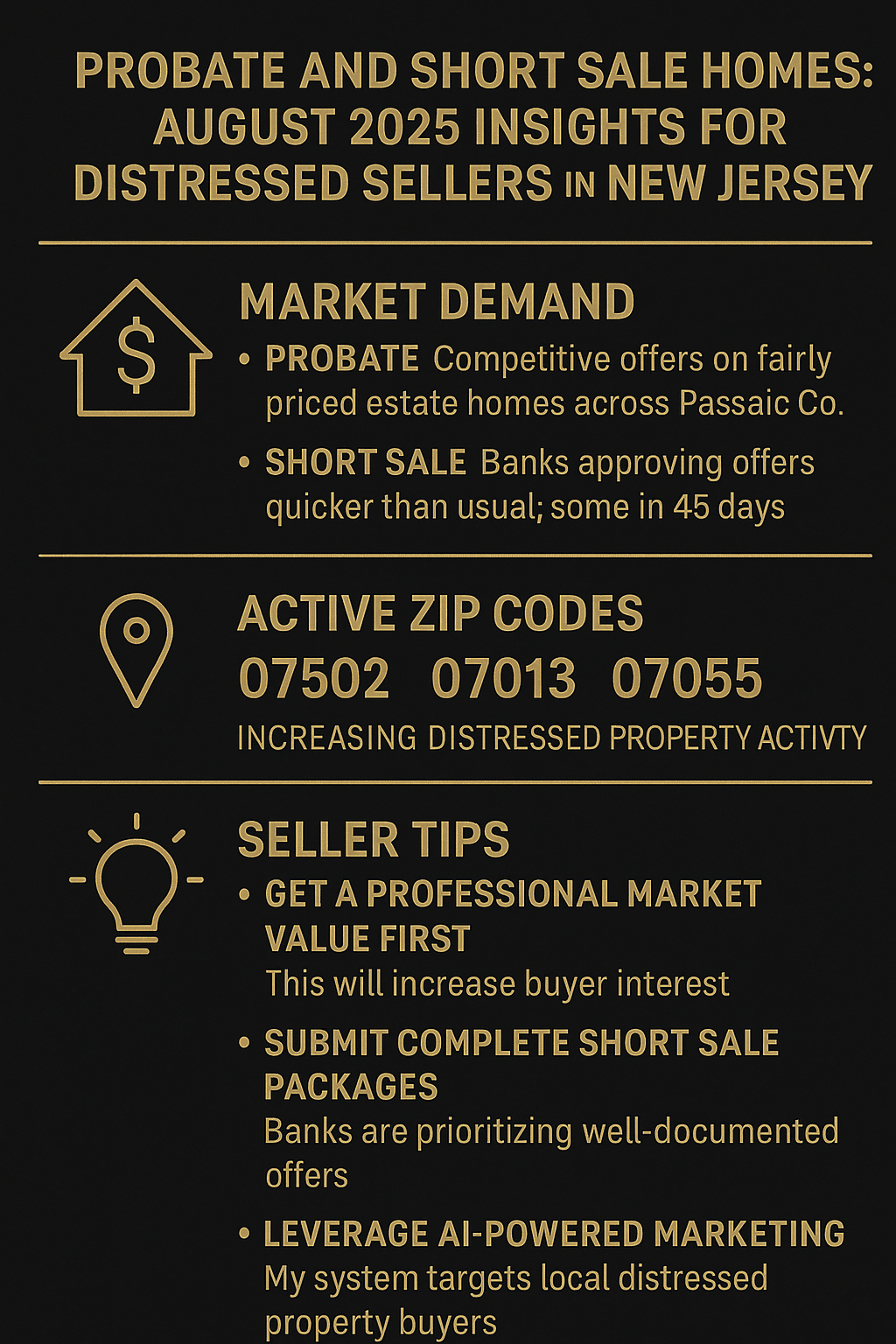 Black and gold infographic showing August 2025 New Jersey housing market insights for probate and short sale sellers, highlighting market demand, active zip codes, and seller tips.