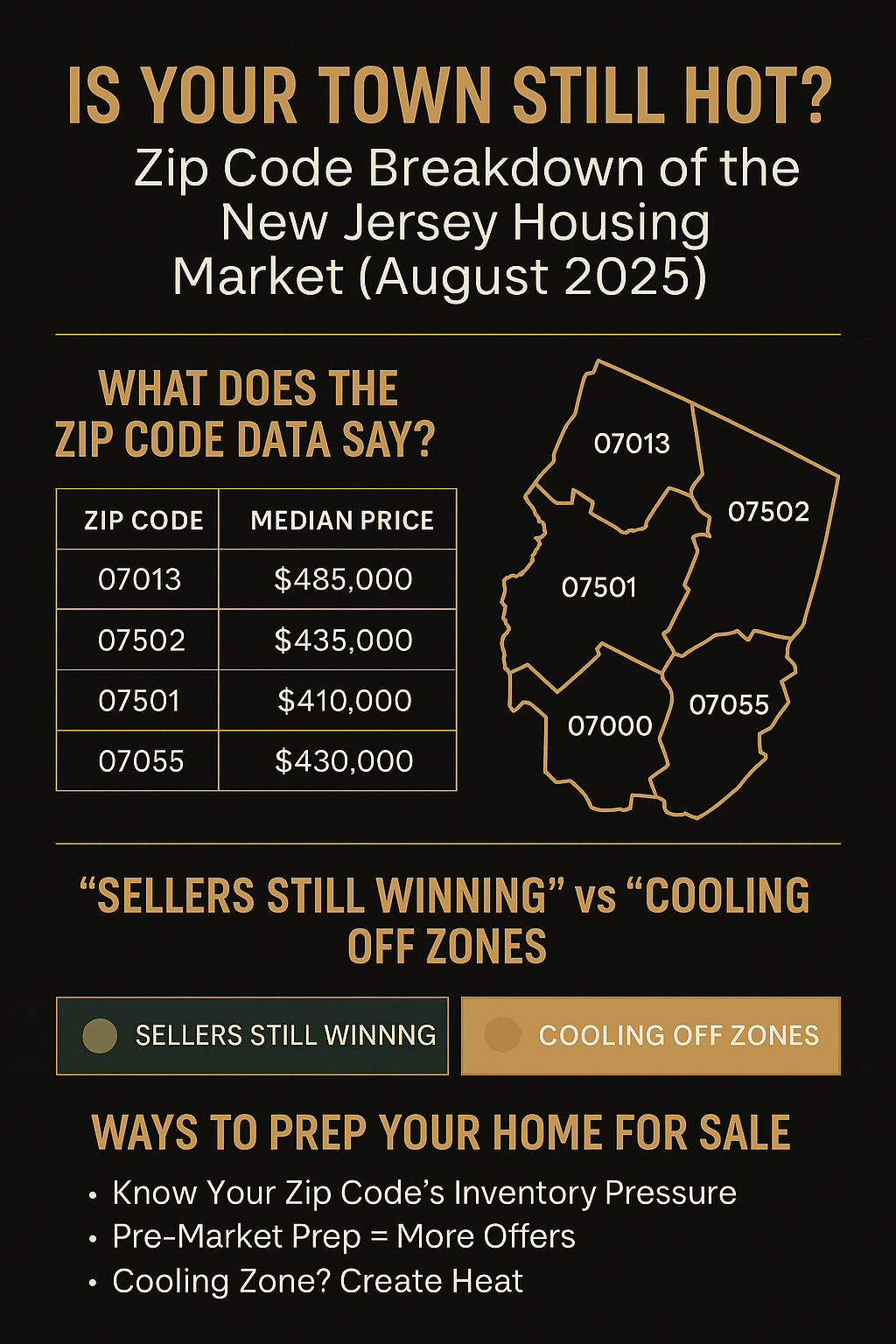 Black and gold infographic showing August 2025 New Jersey housing market zip code data, including median prices and seller market conditions.