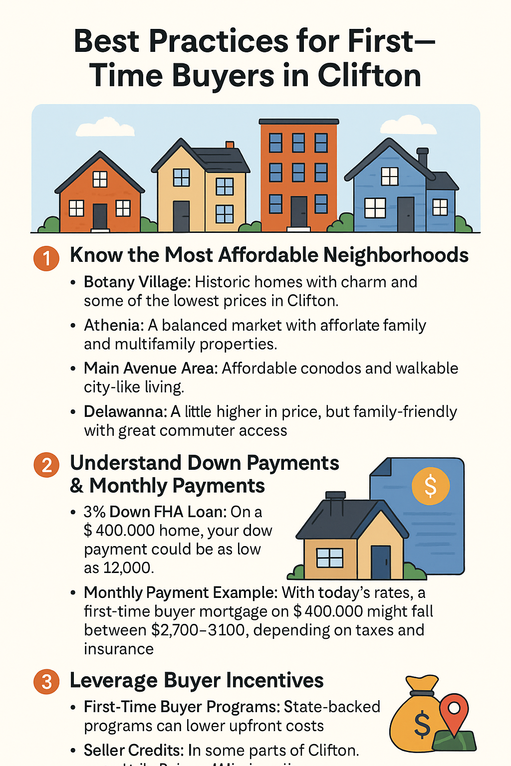 Infographic showing best practices for first-time home buyers in Clifton NJ, including affordable neighborhoods, down payments, and buyer incentives.