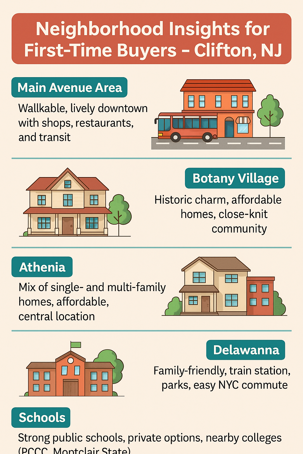 Clifton NJ first-time home buyer neighborhood guide with insights on Main Avenue, Botany Village, Athenia, Delawanna, and local schools.