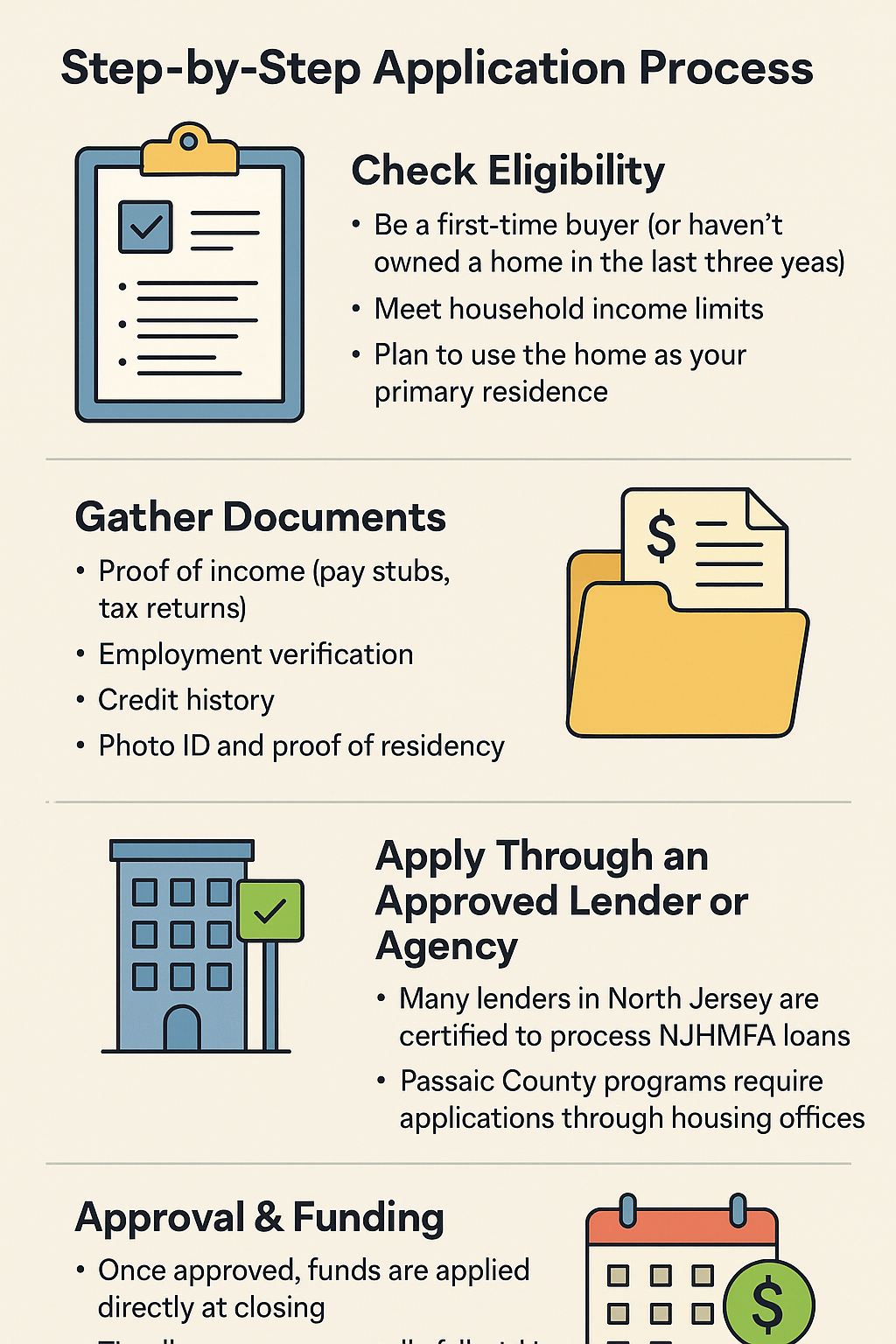 Infographic showing step-by-step application process for first-time homebuyer programs in Clifton NJ.
