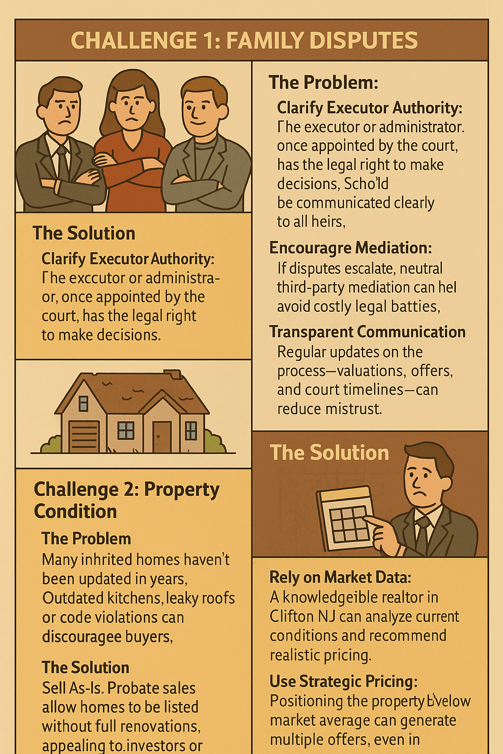 Clifton NJ probate sale infographic showing challenges and solutions for family disputes, property condition, and market timing.
