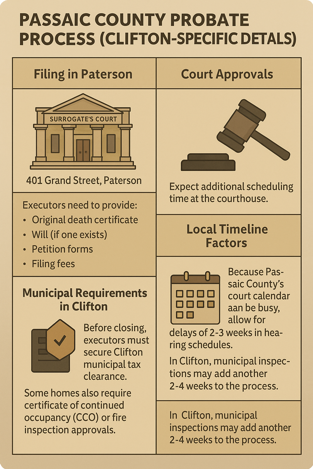 Passaic County probate process infographic for Clifton NJ showing filings in Paterson, court approvals, municipal requirements, and local timeline factors.