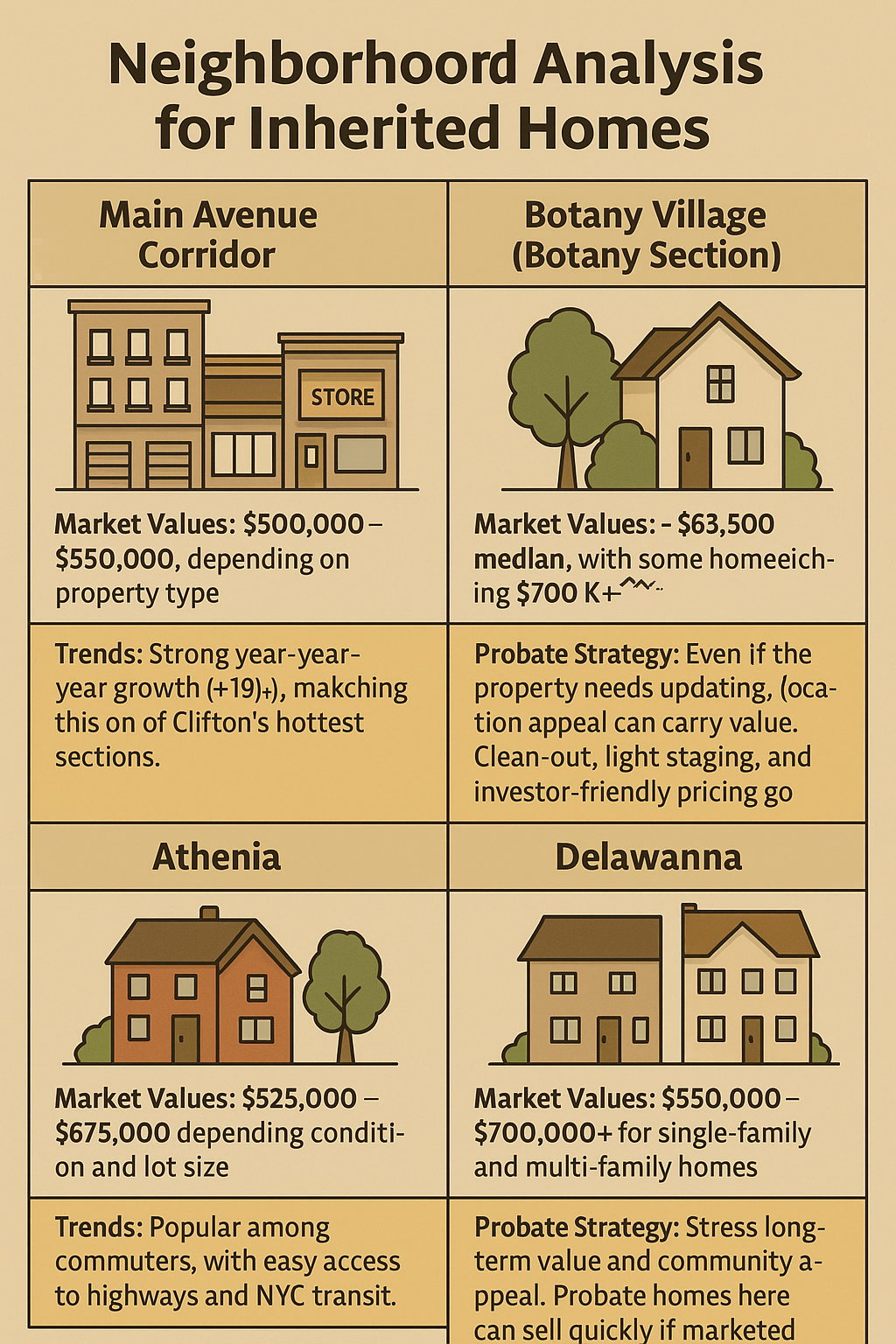 Clifton NJ neighborhood probate sale infographic showing market values, trends, and strategies for Main Avenue, Botany Village, Athenia, and Delawanna.
