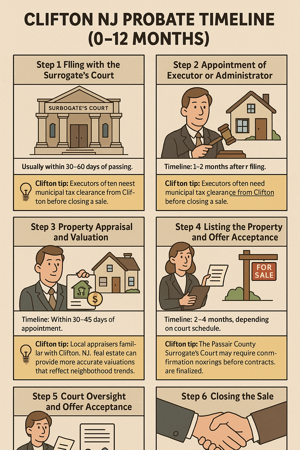 Clifton NJ probate sale timeline infographic showing 6 steps: filing with Surrogate’s Court, appointment of executor, property appraisal, listing, court oversight, and closing the sale with local Clifton tips.