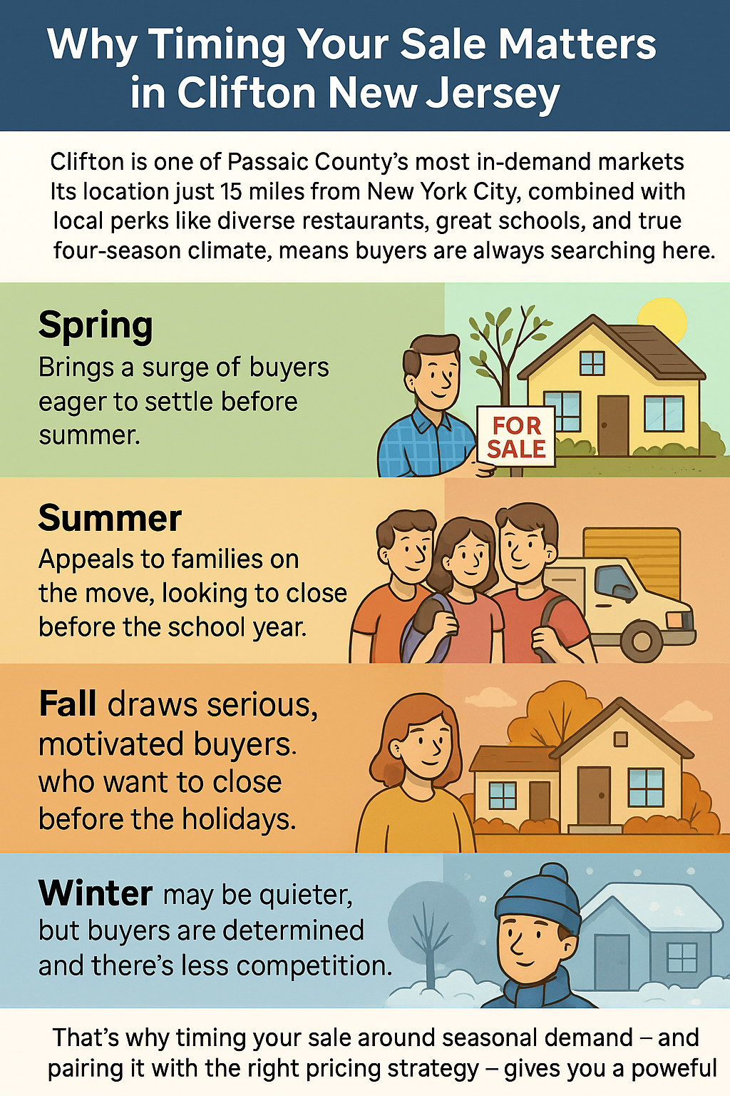 Cartoon infographic showing why timing a home sale in Clifton New Jersey matters, highlighting seasonal buyer trends in spring, summer, fall, and winter