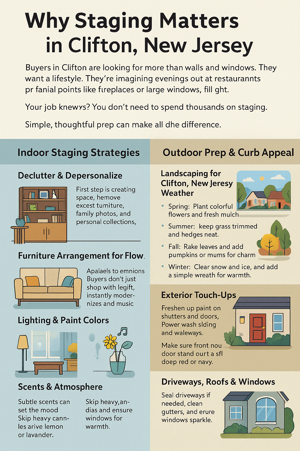 Cartoon infographic showing why staging matters when selling a home in Clifton New Jersey, with indoor staging tips and outdoor curb appeal strategies.