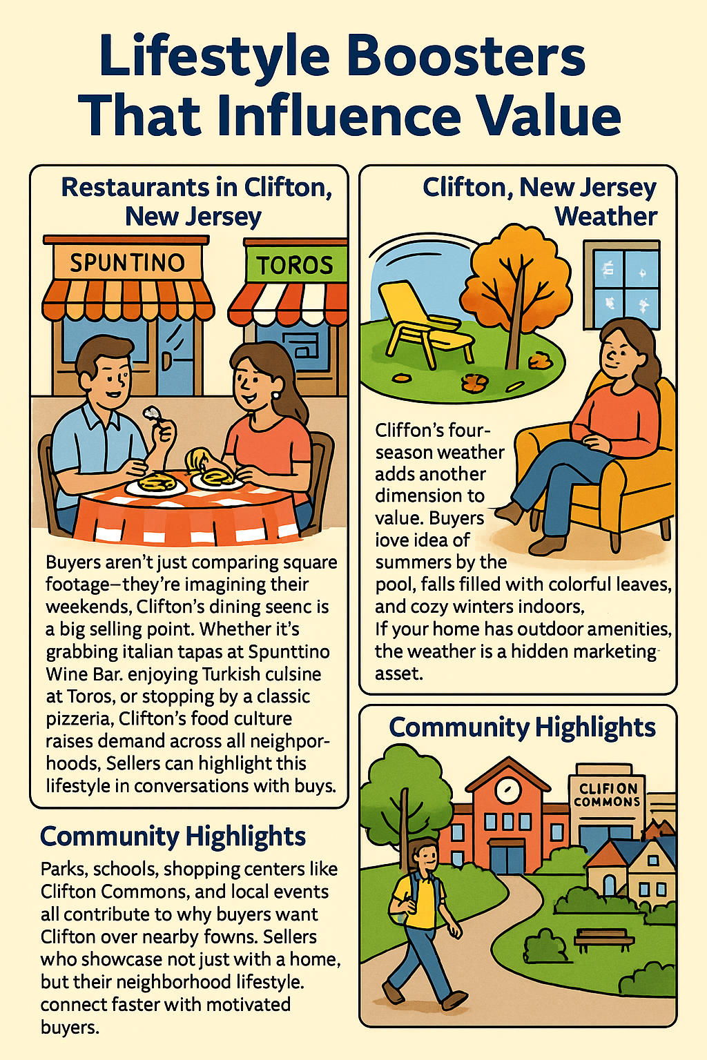Cartoon infographic showing lifestyle boosters that influence Clifton New Jersey home values, featuring restaurants, four-season weather, and community highlights like parks and schools.