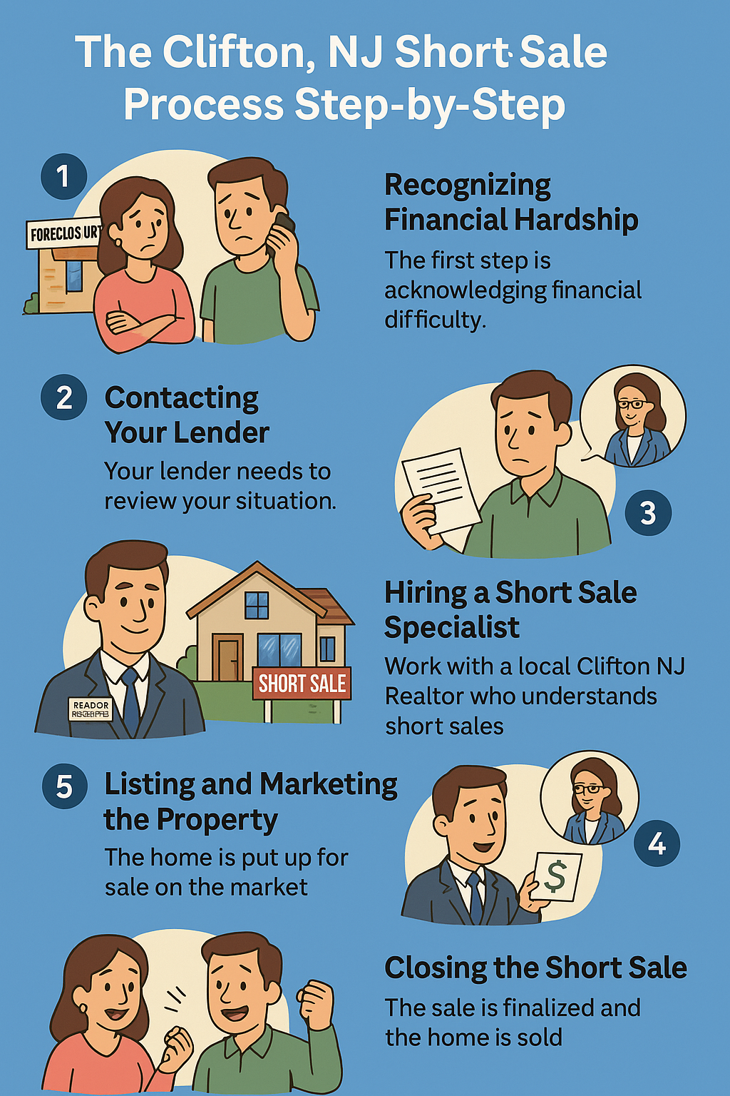 Clifton NJ short sale process infographic showing six steps from recognizing financial hardship to closing the sale, designed in cartoon style with simple icons.