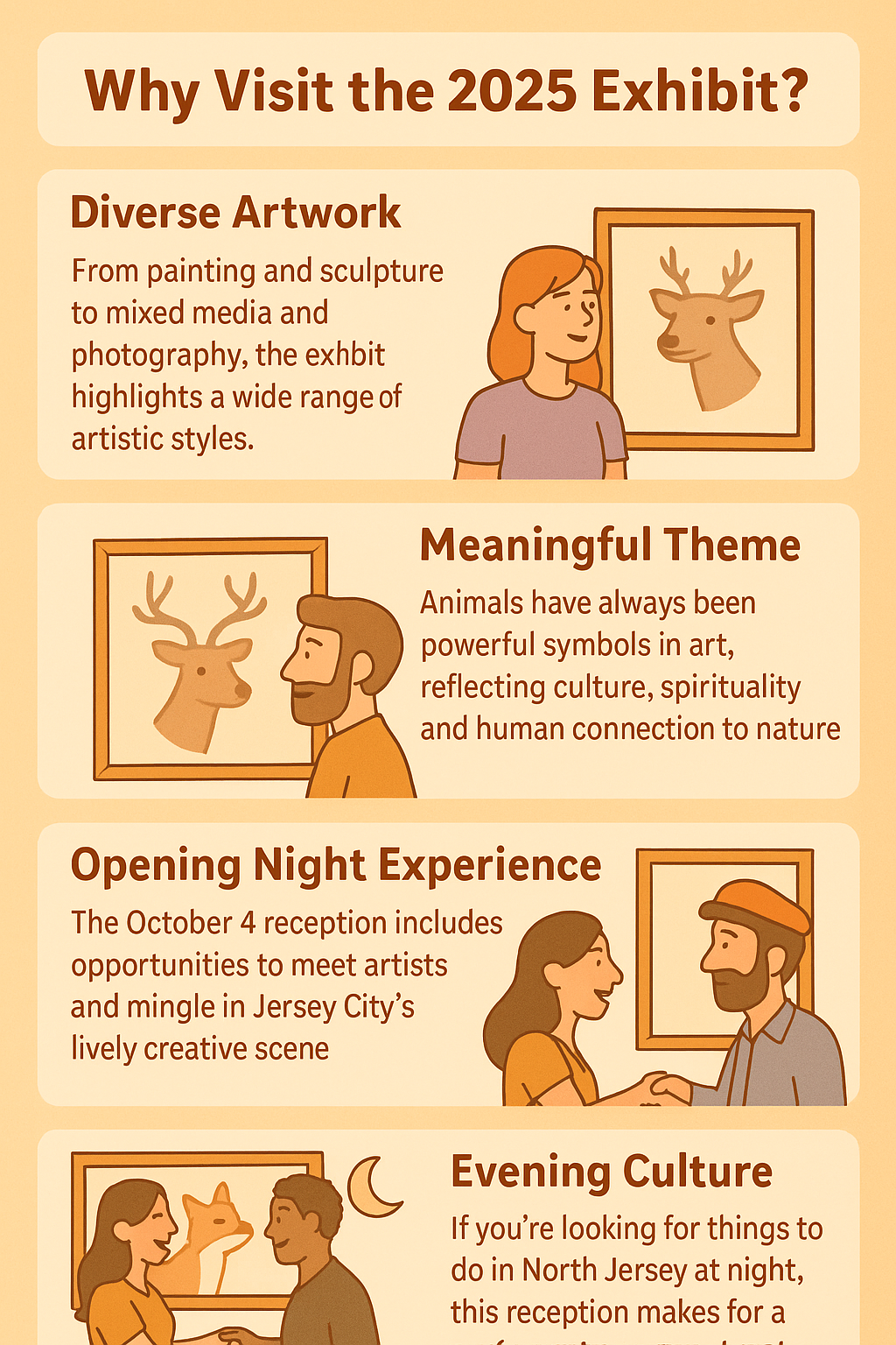 Cartoon infographic for Animalia 2025 exhibit in Jersey City showing diverse artwork, meaningful animal themes, opening night, and evening culture.