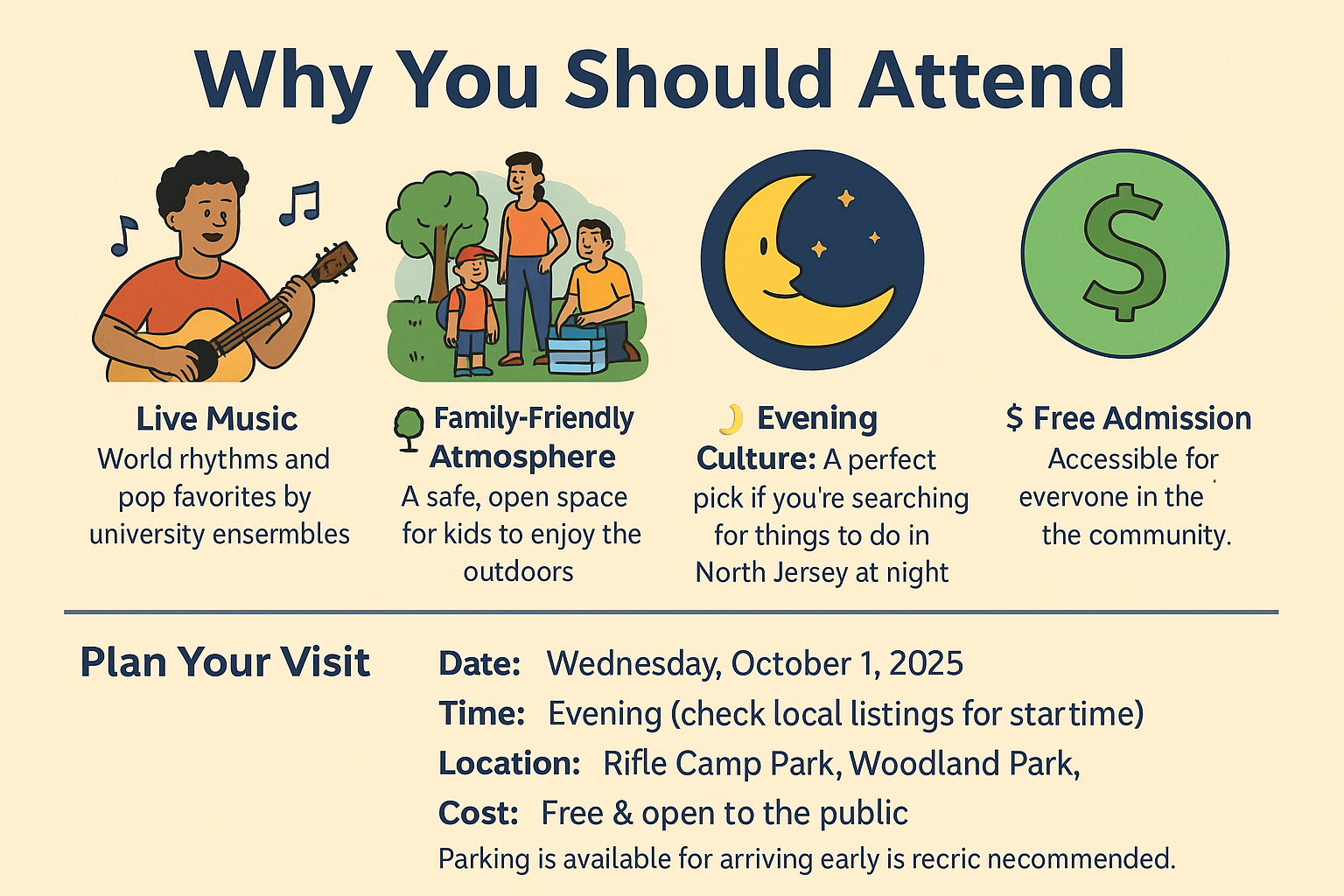 Cartoon infographic for Passaic County Summer Concert Series 2025 showing live music, family fun, evening culture, and free admission at Rifle Camp Park.