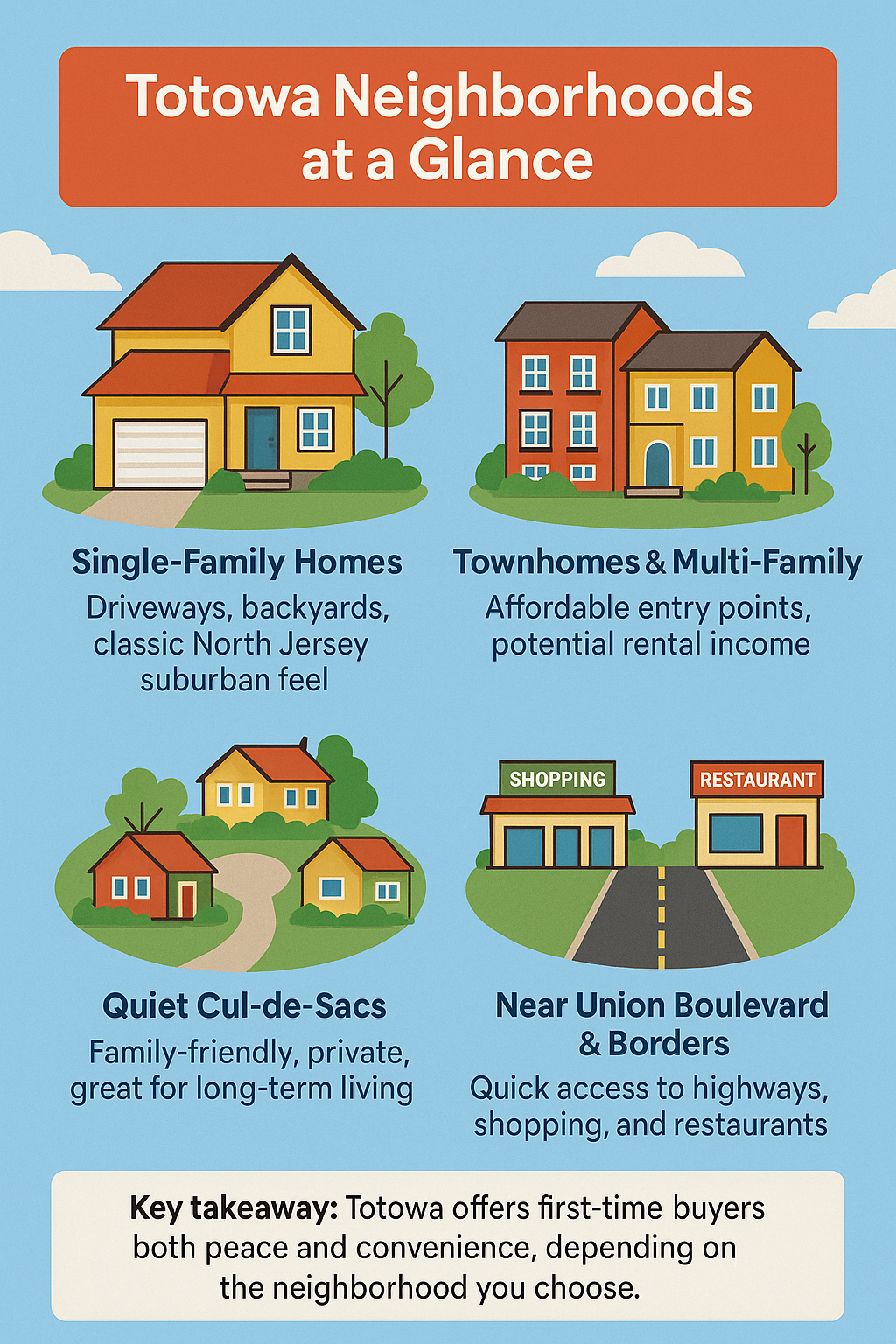 Cartoon infographic showing Totowa NJ neighborhoods at a glance with single-family homes, townhomes, quiet cul-de-sacs, and areas near Union Boulevard highlighting affordability, lifestyle, and convenience for first-time buyers.
