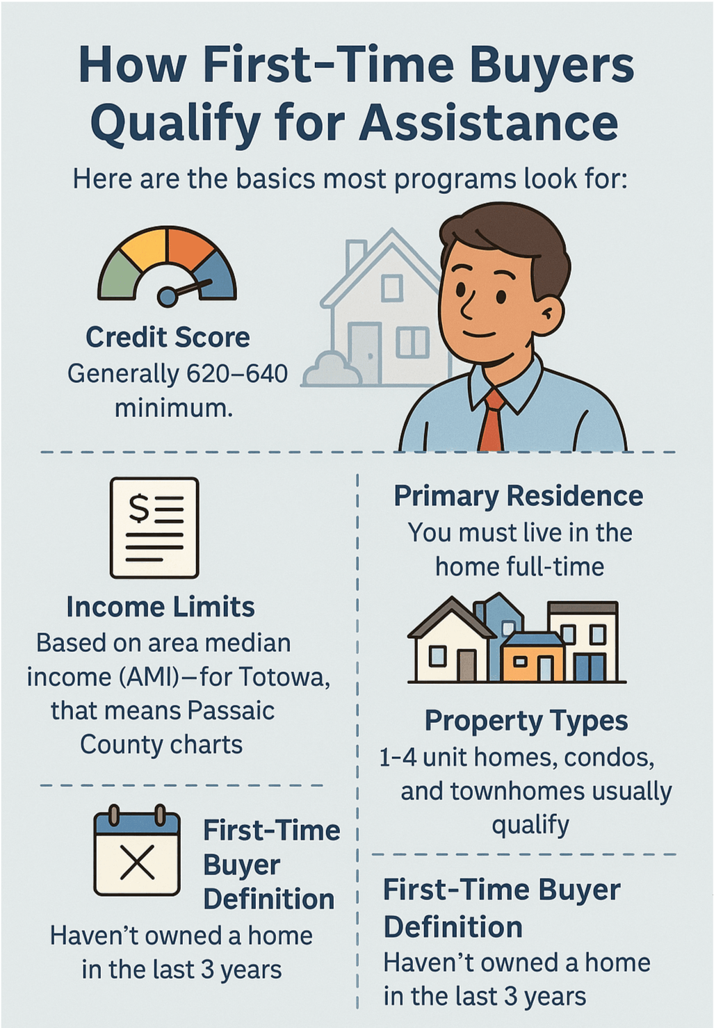 Cartoon infographic showing how first-time buyers qualify for assistance with credit score, income limits, primary residence, property types, and first-time buyer definition.