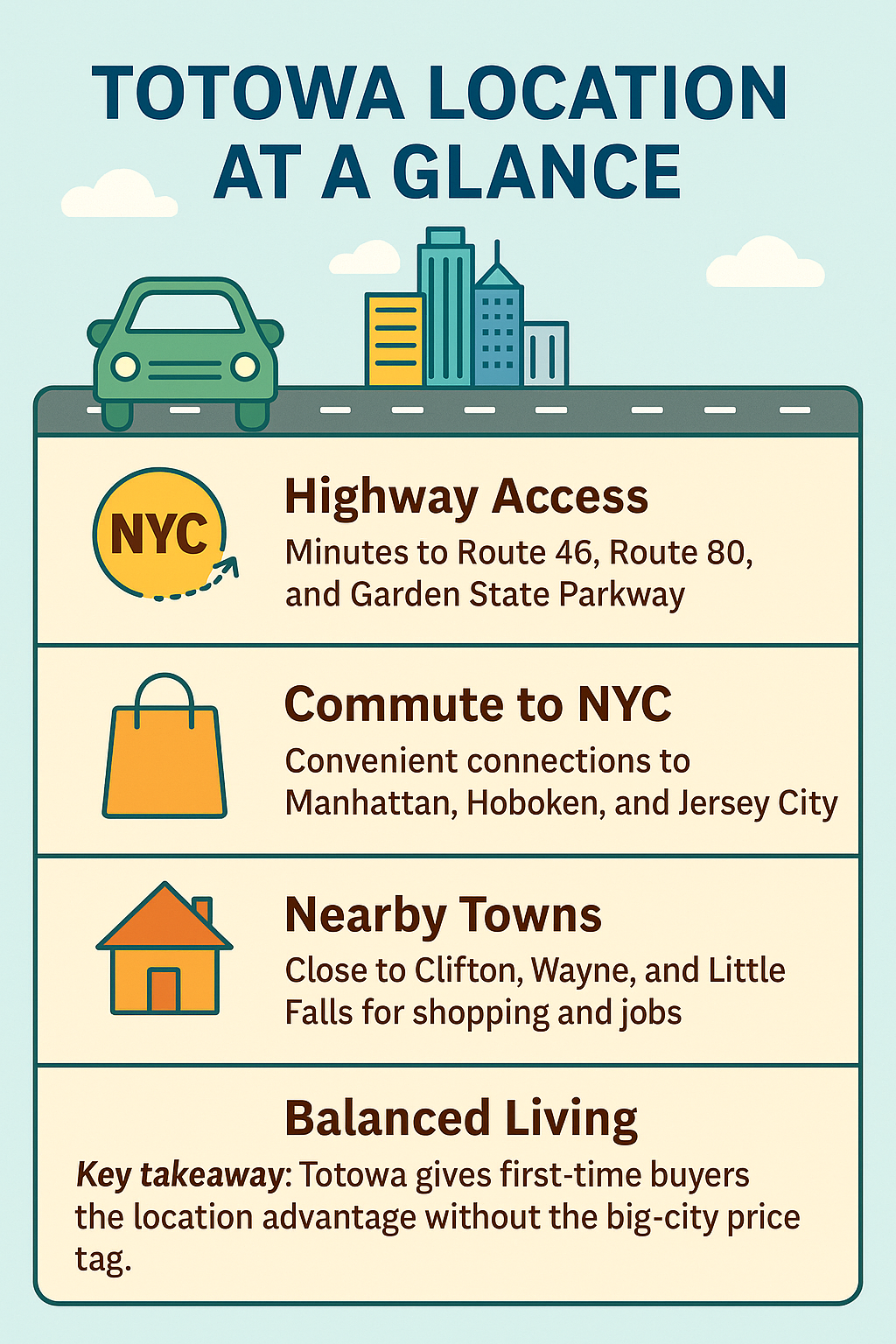 Cartoon infographic showing Totowa NJ location benefits with highway access, NYC commute, nearby towns, and balanced suburban-city living for first-time buyers.