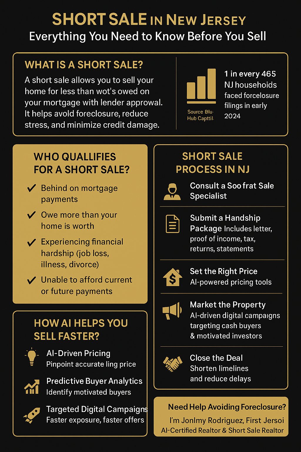Black and gold infographic explaining short sale in New Jersey, including what it is, who qualifies, the short sale process, AI-powered strategies, and Johnny Rodriguez’s contact for foreclosure help.
