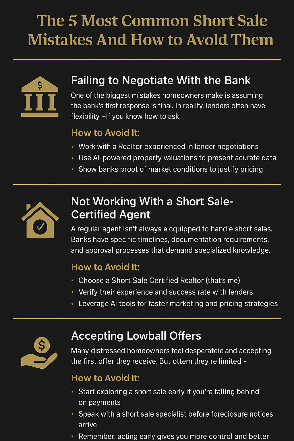 Black and gold infographic showing the 5 most common short sale mistakes NJ homeowners make and tips to avoid them, featuring lender negotiations, certified agent help, timelines, lowball offers, and acting early.