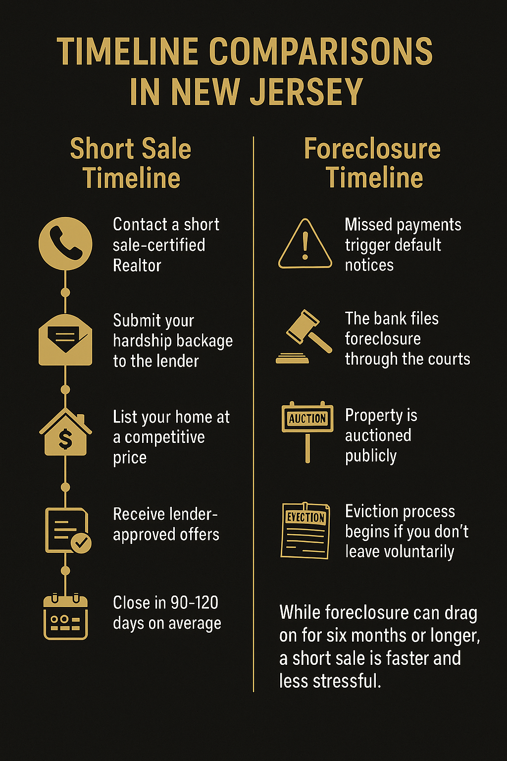 Black and gold infographic comparing short sale vs foreclosure timelines in New Jersey, showing faster short sale steps versus longer foreclosure process.