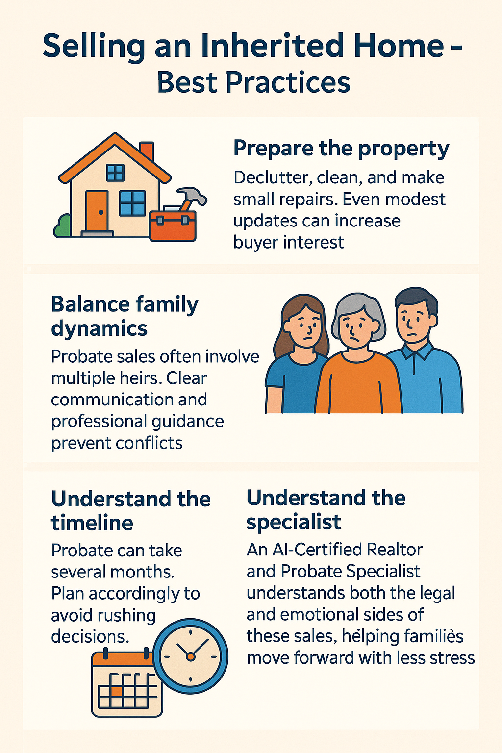 Infographic showing best practices for selling an inherited home in Totowa NJ: prepare the property, balance family dynamics, understand the probate timeline, and work with a specialist.