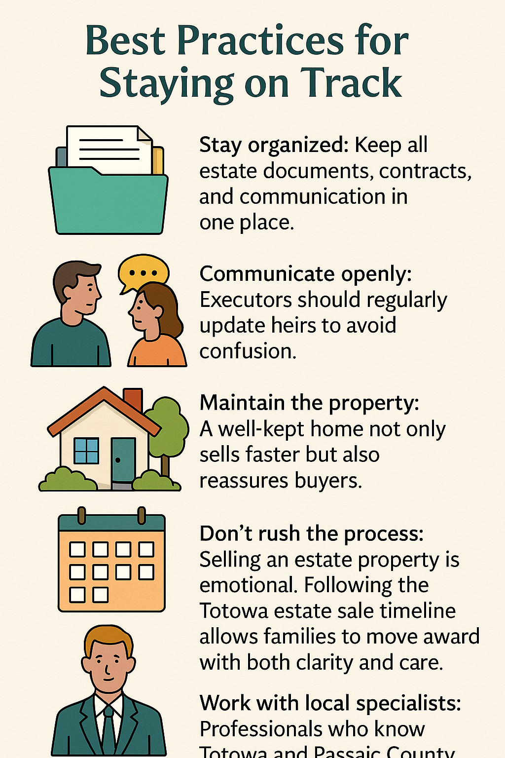Infographic showing best practices for Totowa estate sales: stay organized, communicate openly, maintain the property, follow the estate sale timeline, and work with local specialists.