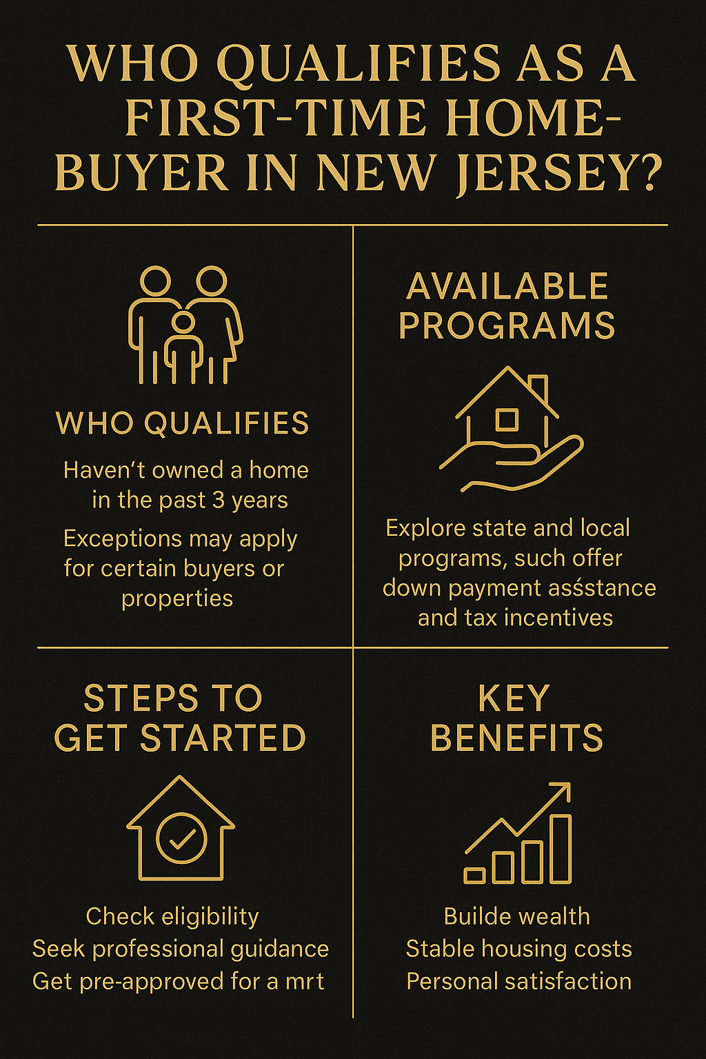Black and gold infographic explaining who qualifies as a first-time homebuyer in New Jersey, available down payment assistance programs, steps to get started, and key benefits for buyers.