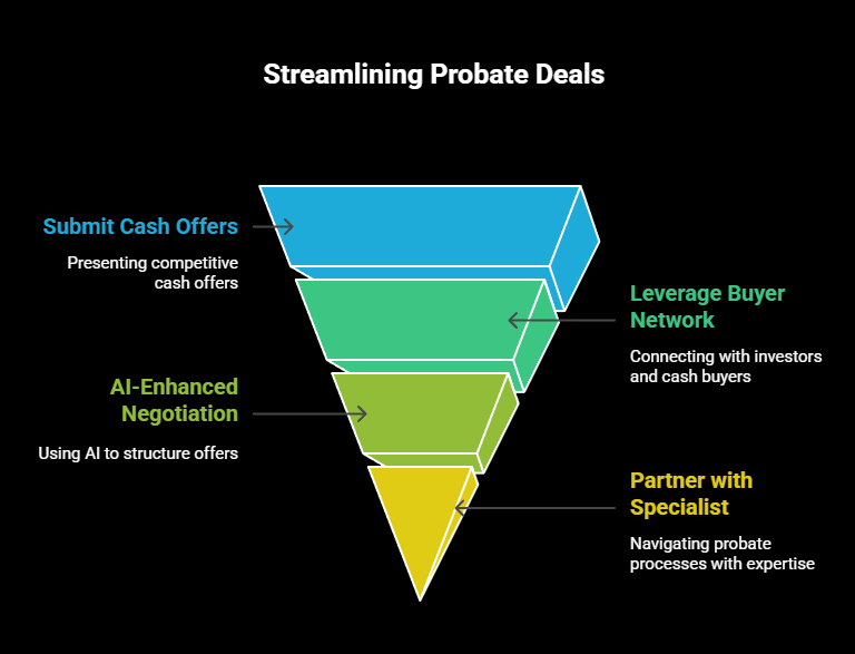 Infographic showing steps to streamline probate deals in North Jersey, including submitting cash offers, leveraging buyer networks, using AI-enhanced negotiation, and partnering with a probate specialist.