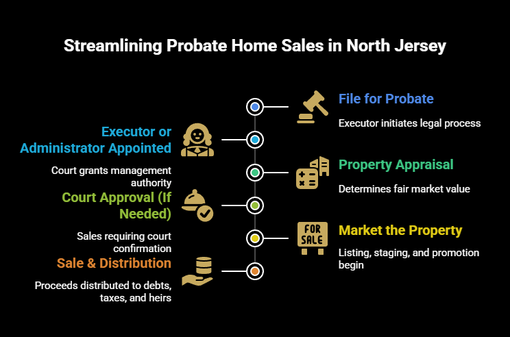 Infographic showing the streamlined probate home sale process in North Jersey, including filing for probate, appointing an executor, property appraisal, court approval if needed, marketing the property, and sale distribution.